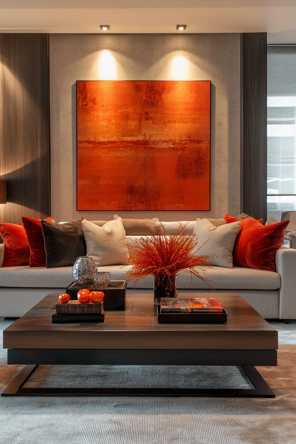 A modern living room featuring a large coffee table decorated with bold red and orange fall decor. The table is the focal point, with decorative items including small pumpkins and elegant glass objects. Behind the table is a neutral-colored couch adorned with red, orange, and gray pillows. A large, vibrant orange painting with abstract textures hangs on the wall, accentuated by strategic lighting.