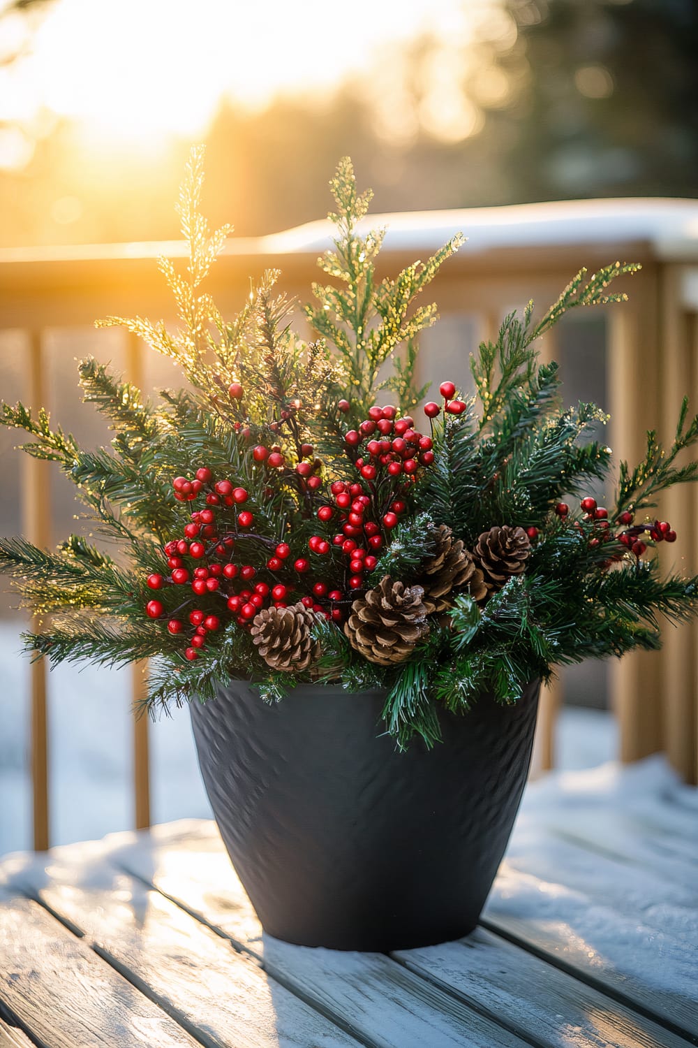 An elegant outdoor Christmas planter featuring a single lush evergreen adorned with red berries and pinecones is placed on a snowy wooden deck. The planter is bathed in warm golden hour sunlight and stands out against a softly blurred white snowy background.