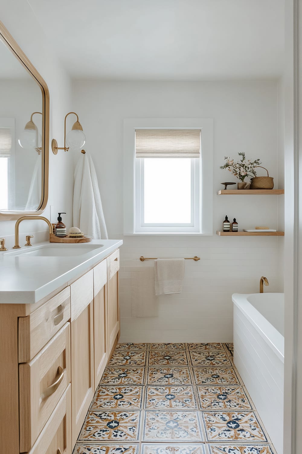 A modern bathroom featuring a double vanity with light wood cabinets and a white countertop. A large, rectangular mirror with a thin gold frame hangs above the vanity. There are gold fixtures, including the faucets and a wall-mounted light fixture on each side of the mirror. The floor is covered with intricate, colorful tiles. A white bathtub with gold taps occupies the right side, and two wooden shelves with small plants and toiletries are mounted above it next to a window with a beige shade.