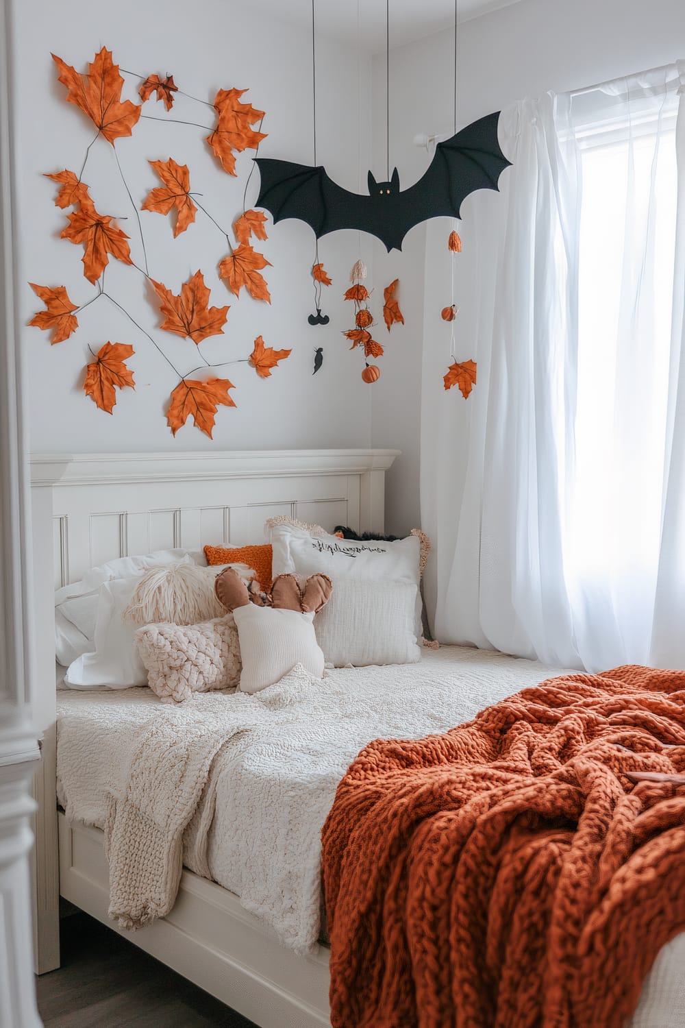 A bedroom decorated in a fall and Halloween theme. The bed has a white headboard and is covered with a white knitted blanket and various white and orange pillows. Above the bed, there is a wall decoration with orange autumn leaves and a hanging black bat, along with other Halloween ornaments like miniature pumpkins and bats. A window to the right has sheer white curtains that let in natural light.