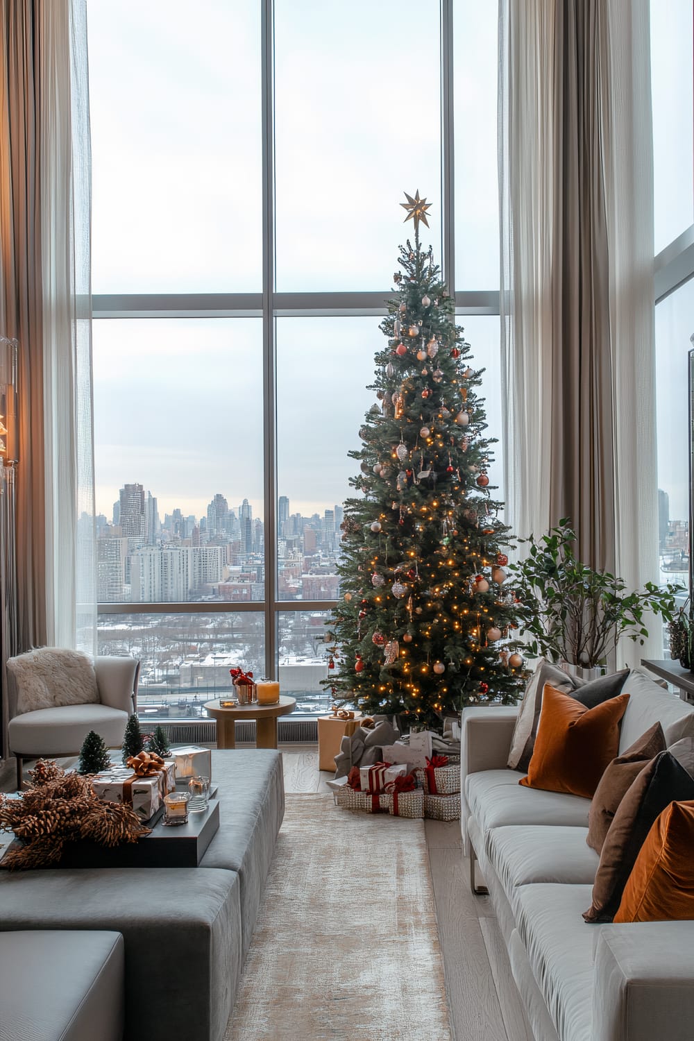 An elegantly decorated living room with a large Christmas tree near a huge, floor-to-ceiling window overlooking a cityscape. The tree is adorned with lights and ornaments, and gifts are neatly arranged underneath. The room features a mix of modern and comfortable furniture, including a white sofa with orange and brown cushions, a gray sectional, and a cozy armchair with a fluffy throw. A low coffee table is decorated with pine cones and small artificial trees, and a side table holds candles and festive drinks. A beige area rug completes the inviting space.