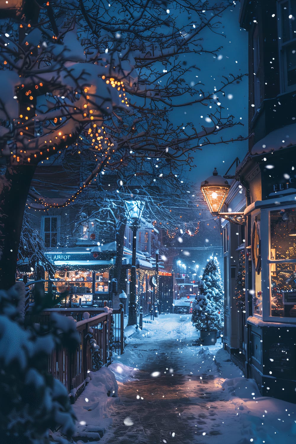 A picturesque wintery evening scene in a charming small town, covered in a blanket of snow. Warm, glowing lights hang from snow-laden tree branches and quaint buildings along the cozy street. The street is lined with a variety of shops, their windows softly illuminated, casting a cozy glow. Snow continues to fall gently, adding to the serene ambiance. Decorative lanterns light the pathway, enhancing the enchanting atmosphere, while a decorated Christmas tree stands majestically on the sidewalk, signifying a festive season.