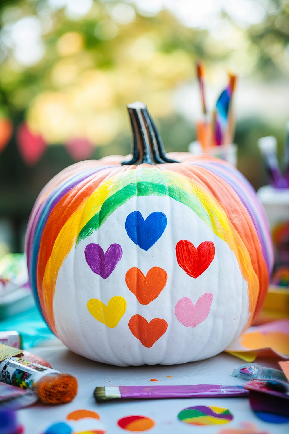 A white pumpkin intricately painted with a vibrant rainbow arch and colorful hearts in varying hues. The surrounding area is strewn with paint brushes, tubes of paint, and circular paint splatters, enhancing an artistic and playful ambiance. The background is softly blurred, accenting the focus on the creatively decorated pumpkin.