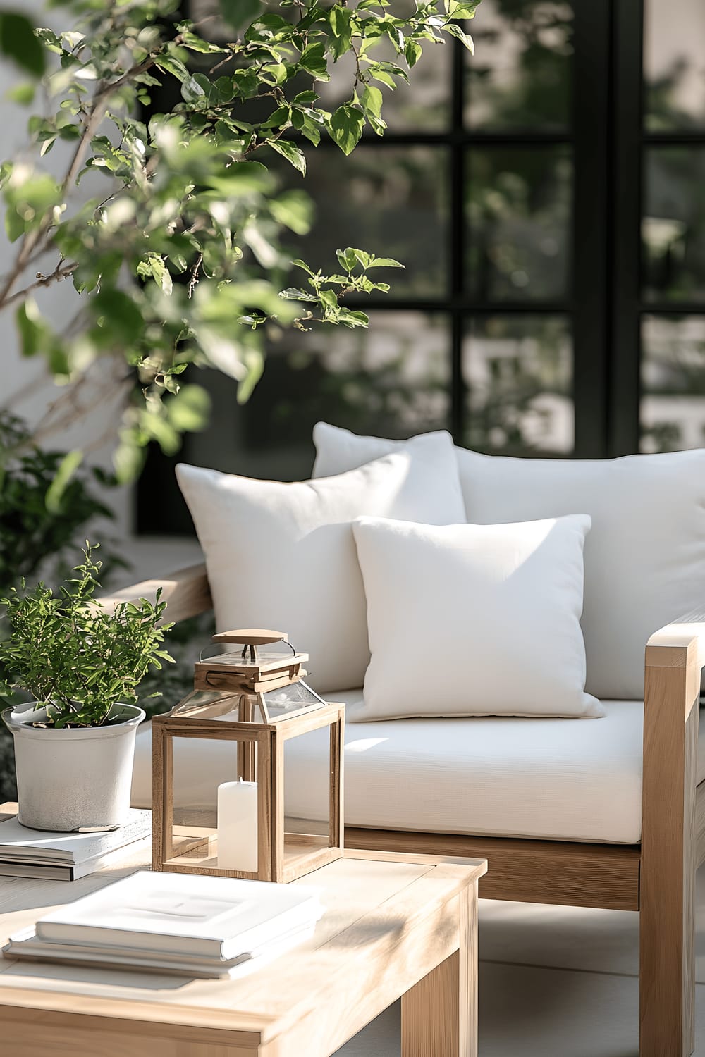 A bright and minimalist Scandinavian-inspired outdoor lounge area furnished with light wooden furniture equipped with white cushions. Simple green plants add a natural touch to the space, while a large lantern and a stack of books offer a sense of warmth and homeliness. The setting is bathed in abundant natural light.