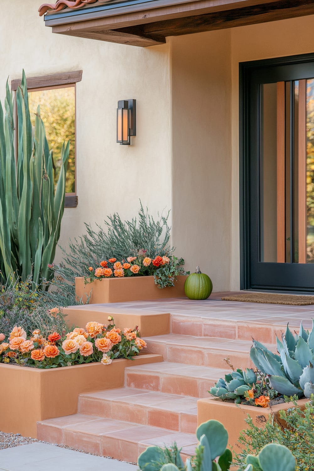 A front entrance features terra cotta steps with built-in planters containing vibrant orange and yellow flowers. Adjacent to the steps, there are various succulents and tall green plants. A green pumpkin sits near the black-front door, which is framed by a beige stucco wall and covered by a small wooden overhang. A modern black light fixture is mounted next to the door.