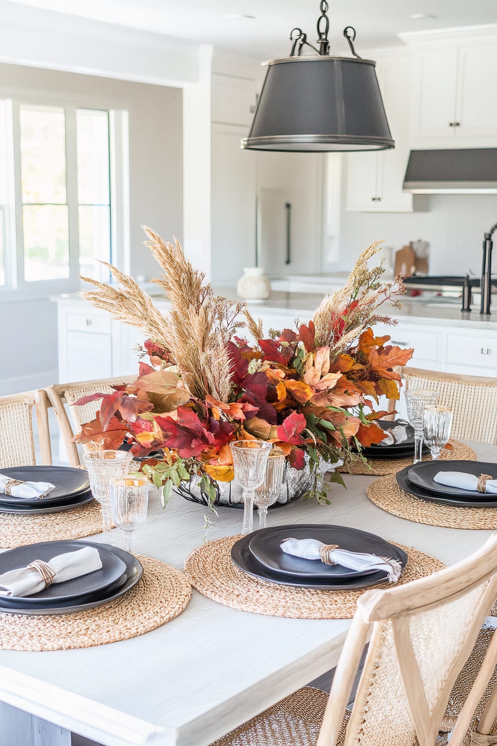 A dining table set for four with black plates, light-colored napkins, and transparent glasses. The centerpiece is a large arrangement of autumn leaves and dried grasses. The table has woven placemats, and the chairs have light wooden frames with woven seats. Above the table, there is a black drum pendant light hanging from the ceiling. The background reveals a bright, modern kitchen with white cabinetry and a sleek design.