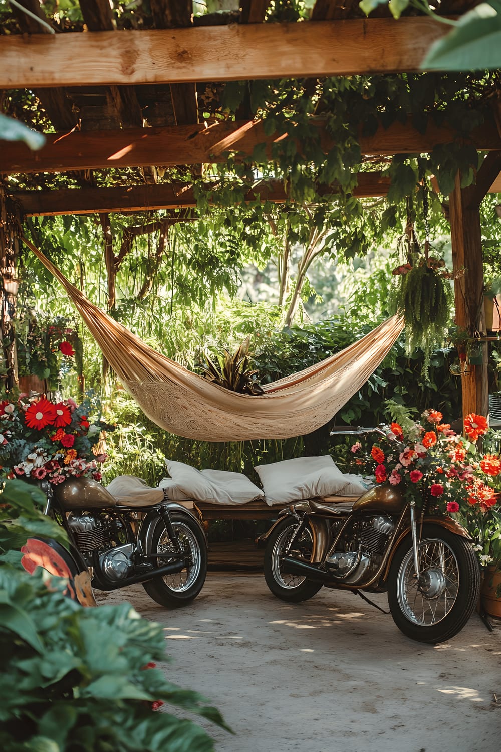 A scenic backyard corner presenting two vintage motorcycles repurposed as side tables, adorned with colorful flower arrangements. The motorcycles are placed on what appears to be a patch of compacted gravel. Above the bikes is a hammock hung from a reclaimed wooden beam, laid with neutral-toned cushions. The surroundings are beautifully filled with lush green vegetation bathed in subtle morning light.