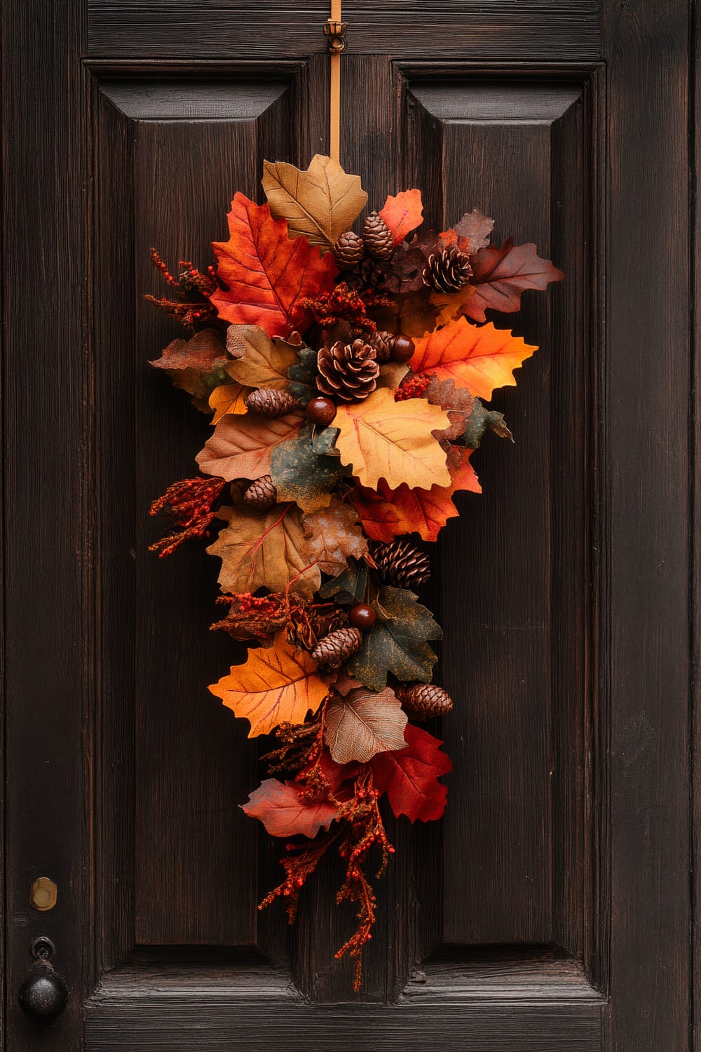 A dark wooden door adorned with an autumnal wreath. The wreath features an array of colorful fall leaves in shades of orange, red, and yellow, intermixed with pinecones and small brown acorns. The wreath is hung by a ribbon at the top center of the door.