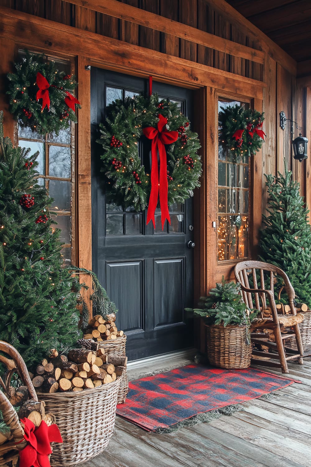 A rustic porch decorated for Christmas, featuring a black door adorned with a large, elaborate green wreath with red berries and a red bow. Additional greenery and wreaths are mounted on the adjacent wood-paneled walls and windows. Potted evergreen trees with red berries and small lights flank the entrance, complemented by baskets filled with chopped firewood. A plaid rug in red and black lies in front of the door, and a wooden chair sits nearby, adding to the cozy, festive ambiance.