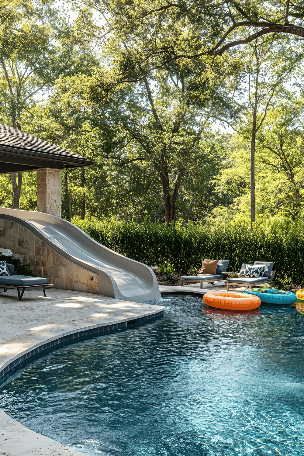 A vibrant backyard featuring a large swimming pool with a stone waterslide, a shallow sun shelf for relaxation, and colorful pool floats. The area is surrounded by lush green hedges for privacy and includes a covered patio with cozy seating. The overall atmosphere is energetic and family-friendly.