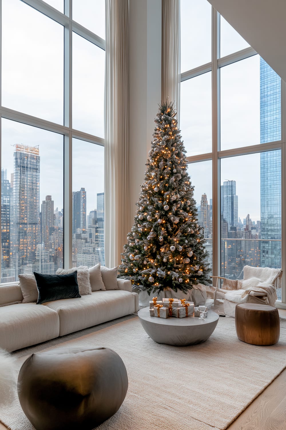 A modern living room featuring a decorated Christmas tree set against expansive floor-to-ceiling windows displaying a cityscape view. The room is furnished with a light beige sofa, cylindrical wooden stools, and a large, round coffee table on which wrapped presents are placed. A neutral-toned rug covers the floor, and soft furnishings, including cushions and throws, enhance the sophisticated ambiance.