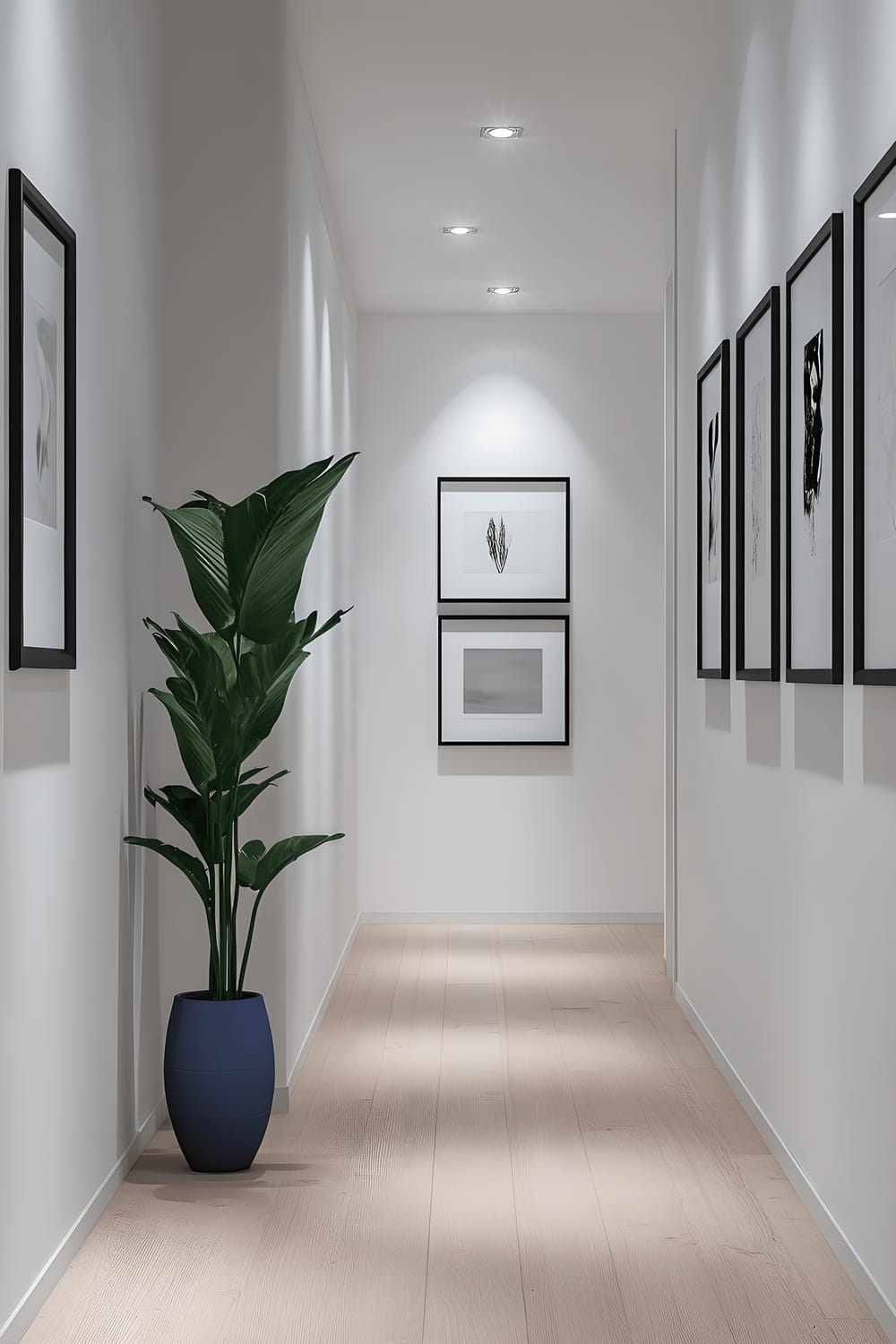 A slim hallway in a home featuring stark white walls and light wooden flooring. The hallways is decorated with a series of minimalist black and white framed artwork, evenly spaced to create a gallery-like feel. At the end of the hallway sits a thin, white console table with a blue matte vase that provides a pop of color. Soft, built-in ceiling lights illuminate each piece of artwork, and a tall monstera plant offers a spot of greenery and adds height to the scene.