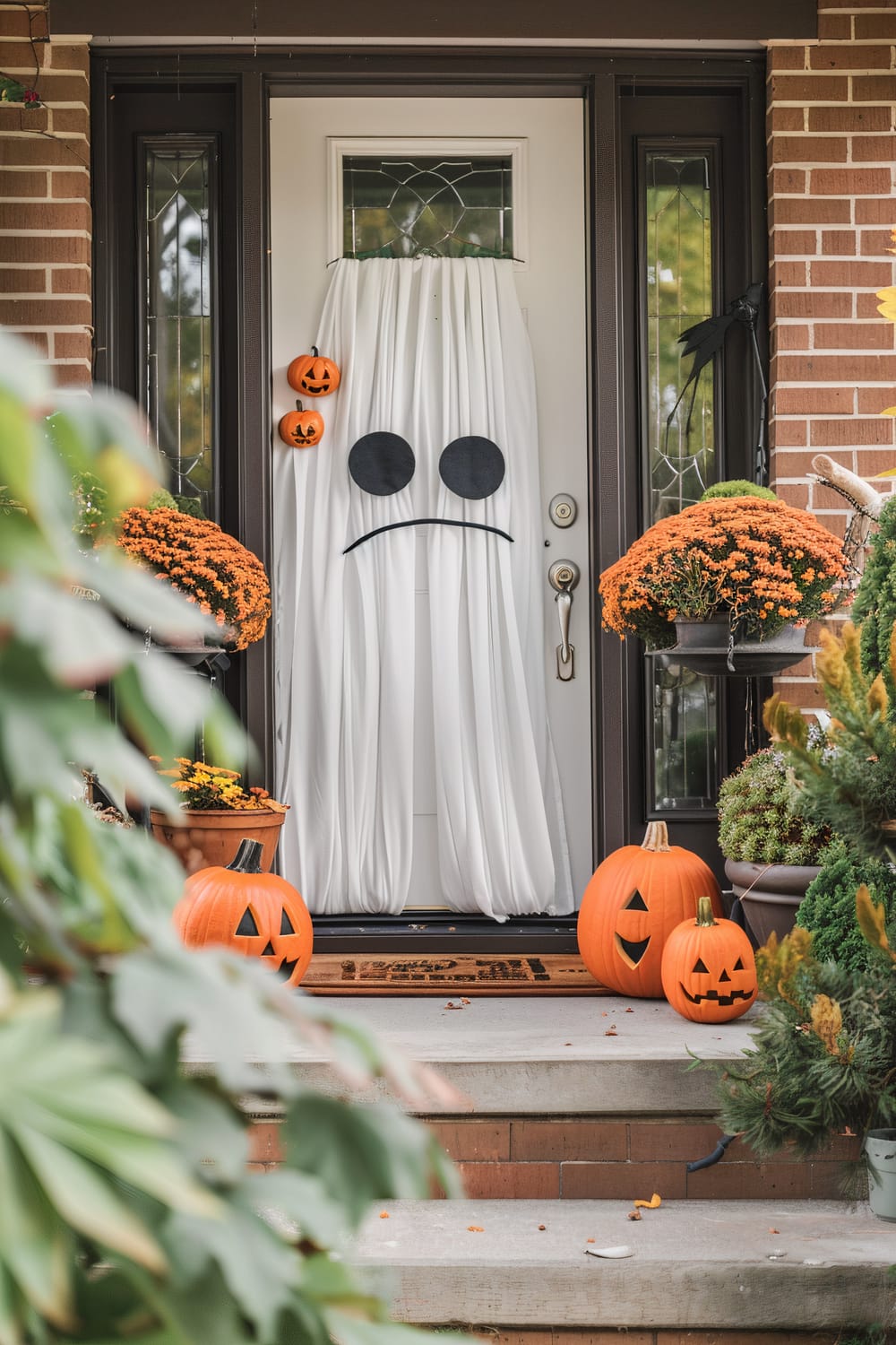 A front door decorated for Halloween, featuring a ghost made from a white sheet that covers the door, adorned with large black eyes and a frowning mouth. The porch steps are decorated with carved pumpkins with various expressions, and vibrant orange chrysanthemums in pots flank the doorway. The brick exterior and glass sidelights of the door complement the decorations.