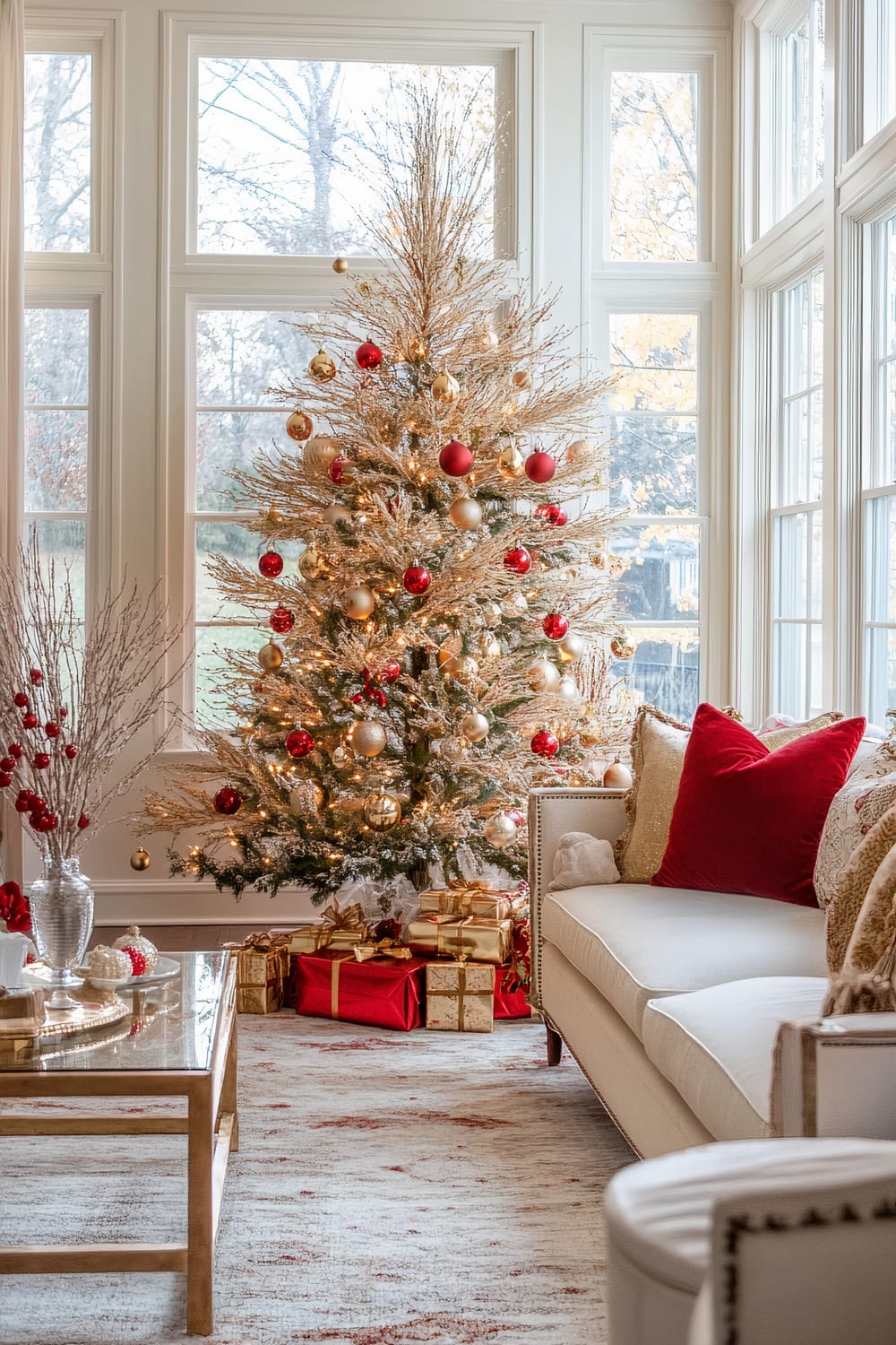 A beautifully decorated living room with a Christmas theme is showcased. The focal point is a Christmas tree adorned with red and gold ornaments and white lights, placed beside a large window that brings in ample natural light. Beneath the tree, there are neatly wrapped gifts in red and gold paper. A plush, beige sofa with vibrant red and gold pillows is positioned next to the tree, adding a touch of festive comfort. A glass and brass coffee table sits in front of the sofa, adorned with festive decor including a vase with red ornaments and white branches. The room is filled with a warm, elegant ambiance highlighted by neutral tones and rich splashes of holiday colors.