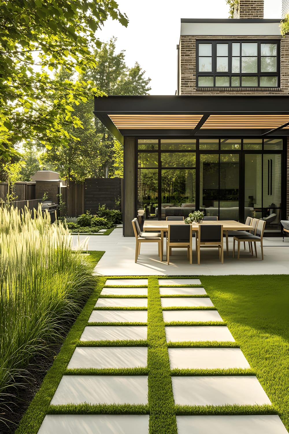 A modern backyard featuring a checkerboard-style lawn with alternating green grass squares and grey stone pavers. A sleek wooden dining table sits under a pergola, surrounded by minimalist garden beds filled with tall ornamental grasses.