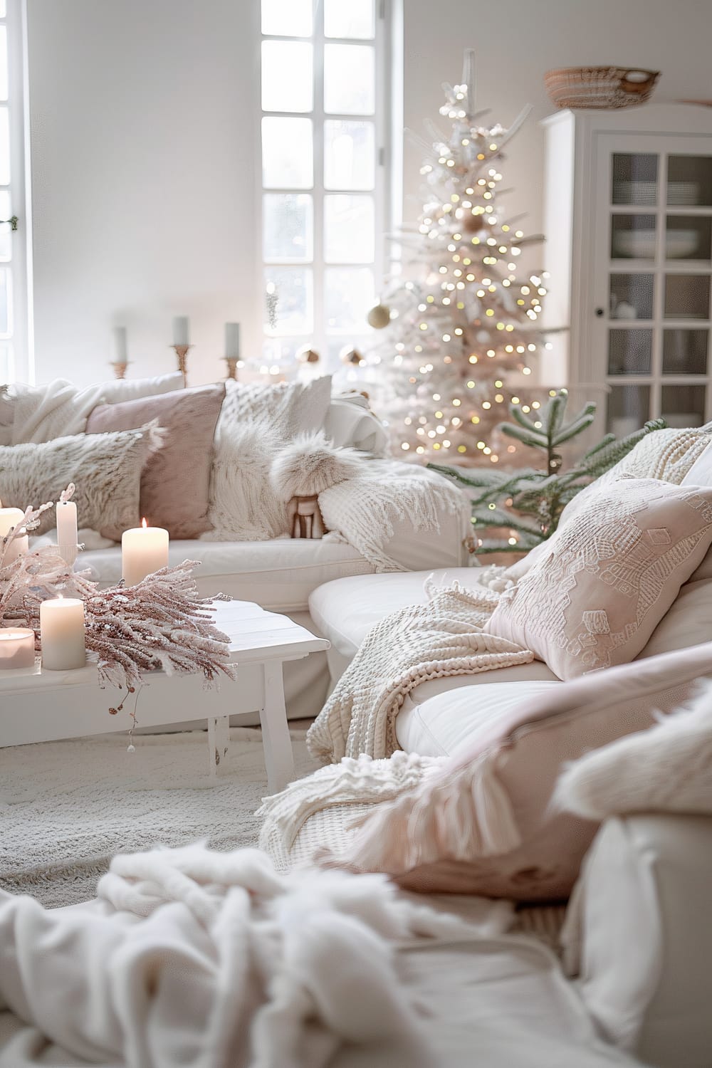 A living room with a neutral color palette, featuring a white Christmas tree adorned with lights, a variety of textured pillows and throws on white sofas, and lit candles on a white coffee table. A large window lets in natural light, and a wicker basket and display cabinet are in the background.