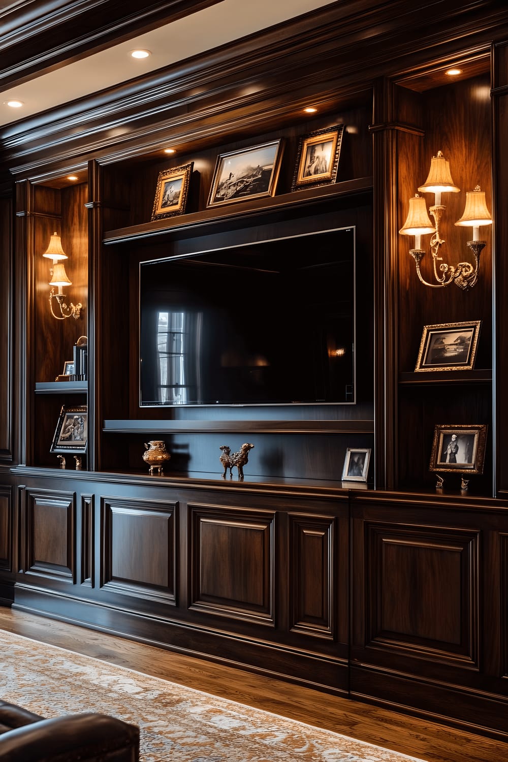 A classic TV wall constructed with rich wood paneling and adorned with exquisite molding details. A symmetrical shelving arrangement holds a carefully curated collection of decor objects including framed photos and tasteful sculptures. Conventional sconces provide warm, ambient lighting that enhances the inviting atmosphere of the room.