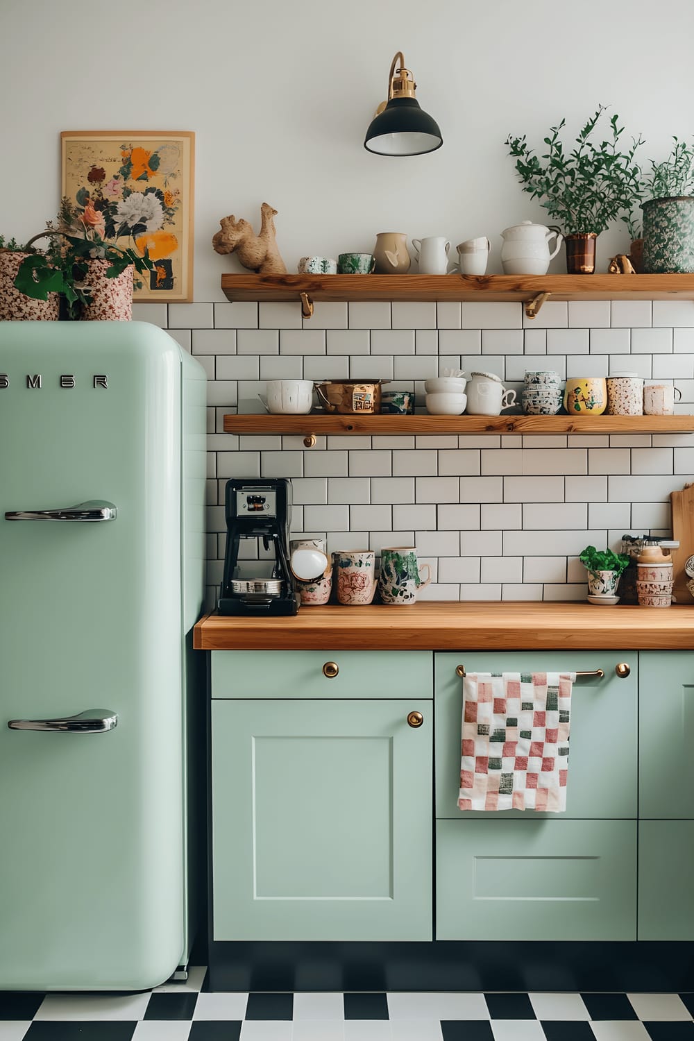 A retro-inspired kitchen featuring sage-green cabinets with brass fittings, a checkered black and white floor, a vintage soft-mint refrigerator, and wooden shelves adorned with assortment of colorful ceramics.