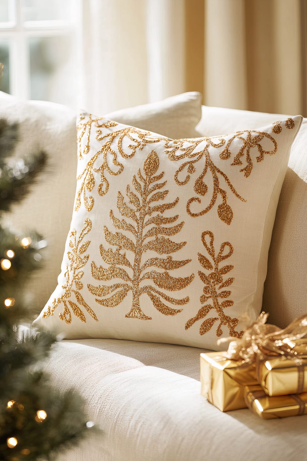 A festive pillow featuring intricate zardozi embroidery with gold metallic threads resting on a neutral-toned sofa. The pillow shows detailed designs of foliage, giving it an elegant and festive appeal. Around the pillow, the setting includes a soft spotlight highlighting its details, small wrapped gifts with golden ribbon, and a blurred-out Christmas tree in the foreground. Warm, natural light streams through a nearby window, enhancing the holiday ambiance.