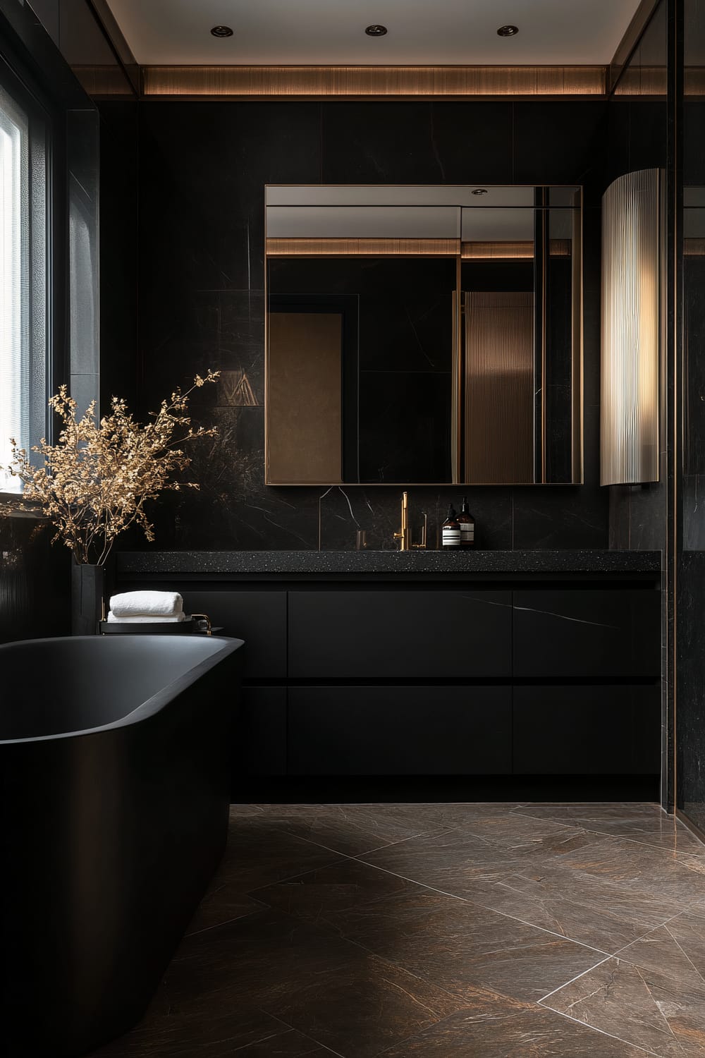 An elegant, modern bathroom featuring a matte black freestanding bathtub on the left. Adjacent is a sleek black vanity with a speckled dark countertop, minimalist gold faucet, and gold-accented mirror. Subtle ambient lighting enhances the sophisticated mood, complemented by dark wall tiles and a marble floor with brownish hues. A few decorative items, including dried branches in a vase, add a touch of organic warmth.