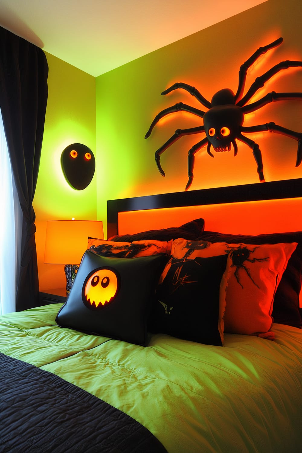 A bedroom features vibrant and spooky Halloween decor. The headboard wall glows with green lighting from a circular ghost face and orange from a large spider decoration. The bedspread is green with various Halloween-themed pillows, including a pillow with a glowing ghost face. A black curtain and an orange-lit lamp complete the scene.