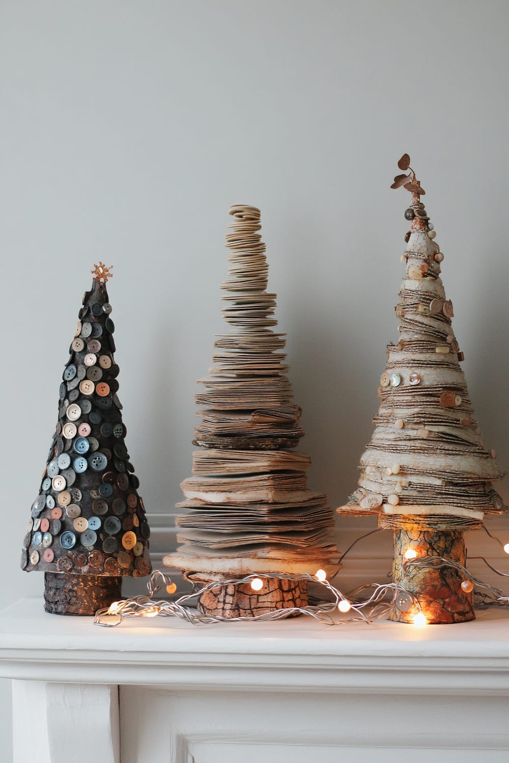 Three handmade Christmas tree decorations are arranged on a white surface against a light gray wall. The left tree is adorned with assorted buttons in various colors, topped with a small star. The middle tree is made from stacked, roughly circular pieces of wood or paper, creating a textured, natural look. The right tree is wrapped in rustic white and beige twine or bark strips, decorated with small, light-colored ornaments, and topped with a twig with leaves. A string of white fairy lights is draped around the base, adding a warm glow to the scene.