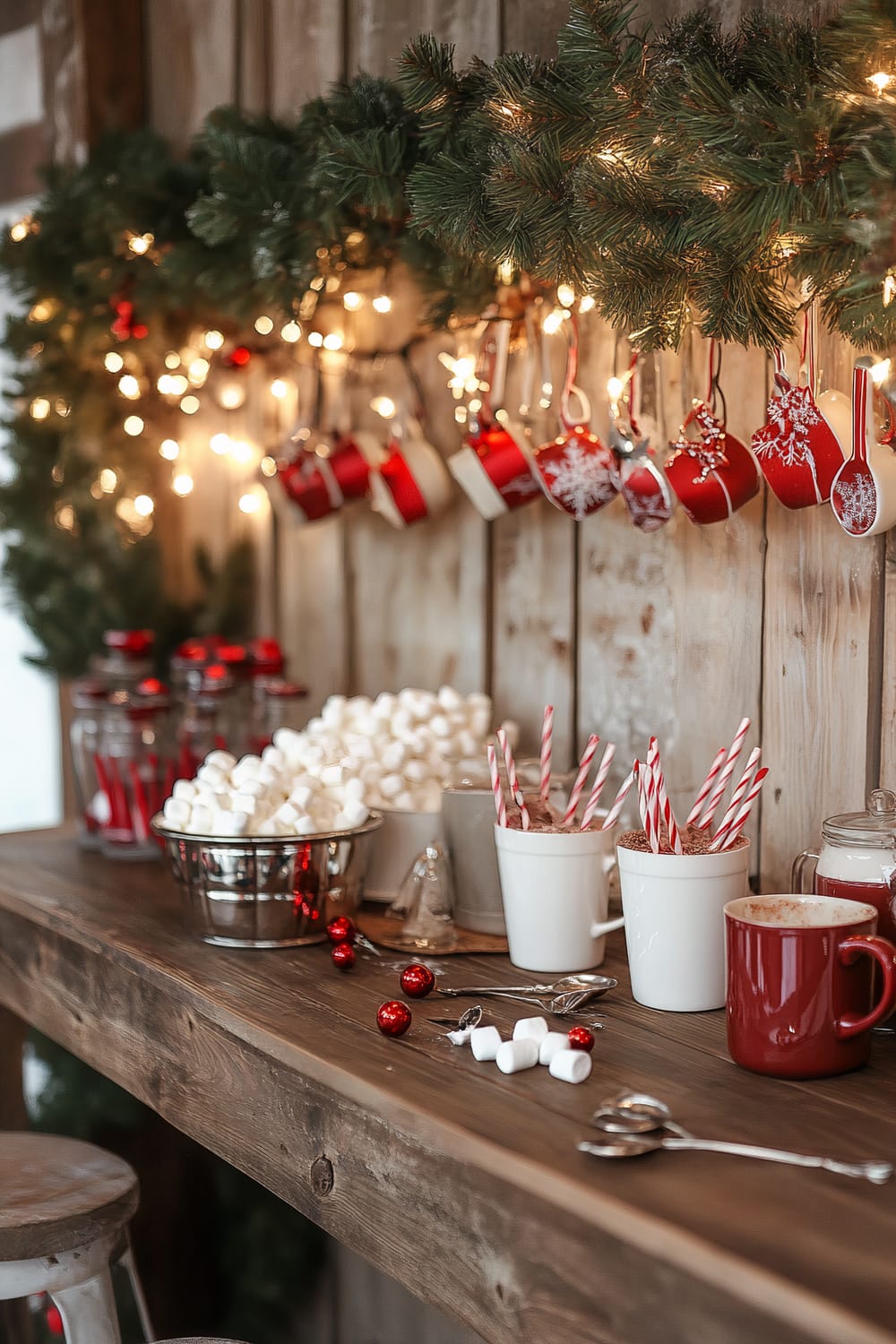 An inviting wooden counter adorned with hot chocolate essentials, including a large bowl of marshmallows, mugs with cocoa and candy cane stirrers, and festive red mugs. Garlands of pine and twinkling fairy lights hang above, with red and white mugs suspended underneath. Scattered around are small red Christmas ornaments.