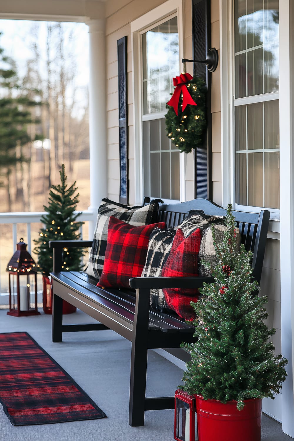 An inviting front porch is adorned with festive holiday decor, featuring a black bench topped with red and black checkered pillows. Small decorated evergreen trees in red pots and lanterns flank either side of the bench, while a wreath with a red bow and lights hangs by the window. A red and black checkered runner lies on the porch floor.