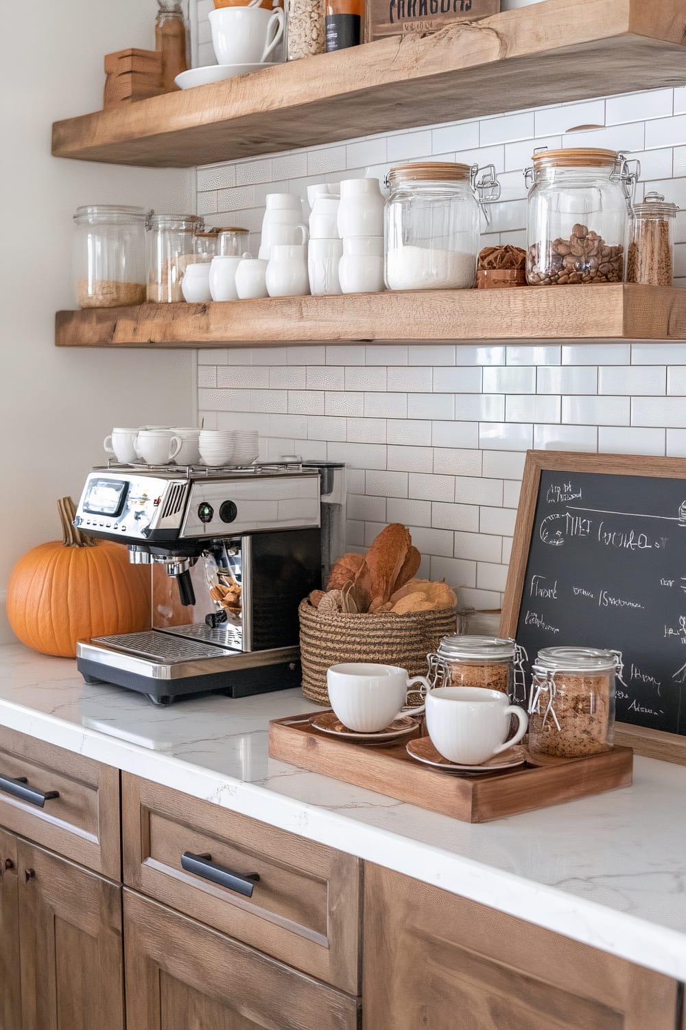 A well-organized coffee station features a modern espresso machine topped with stacked white cups on a white countertop. To the left, a plump orange pumpkin adds a seasonal touch. Above, wooden shelves display clear jars filled with various pantry items, including sugar and coffee beans, along with neatly arranged white cups. A woven basket holds bread, and a chalkboard menu leans against the white subway-tiled backsplash. Two white mugs sit on a wooden tray accompanied by jars of brown sugar.