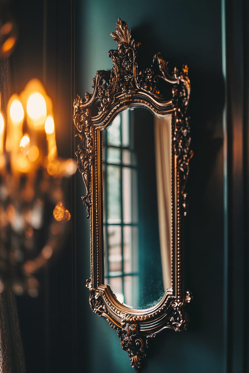 A closeup image of an ornate, gilded mirror with an intricate frame. The mirror is in a sophisticated living room of a high-end mansion, characterized by rich, dark decor. A subtle, eerie glow emanates from the mirror's frame, highlighting its elaborate details. Dramatic lighting creates deep shadows, enhancing the mirror as a spooky yet elegant focal point. A blurred, multi-bulb chandelier is visible to the left, adding to the ambiance.