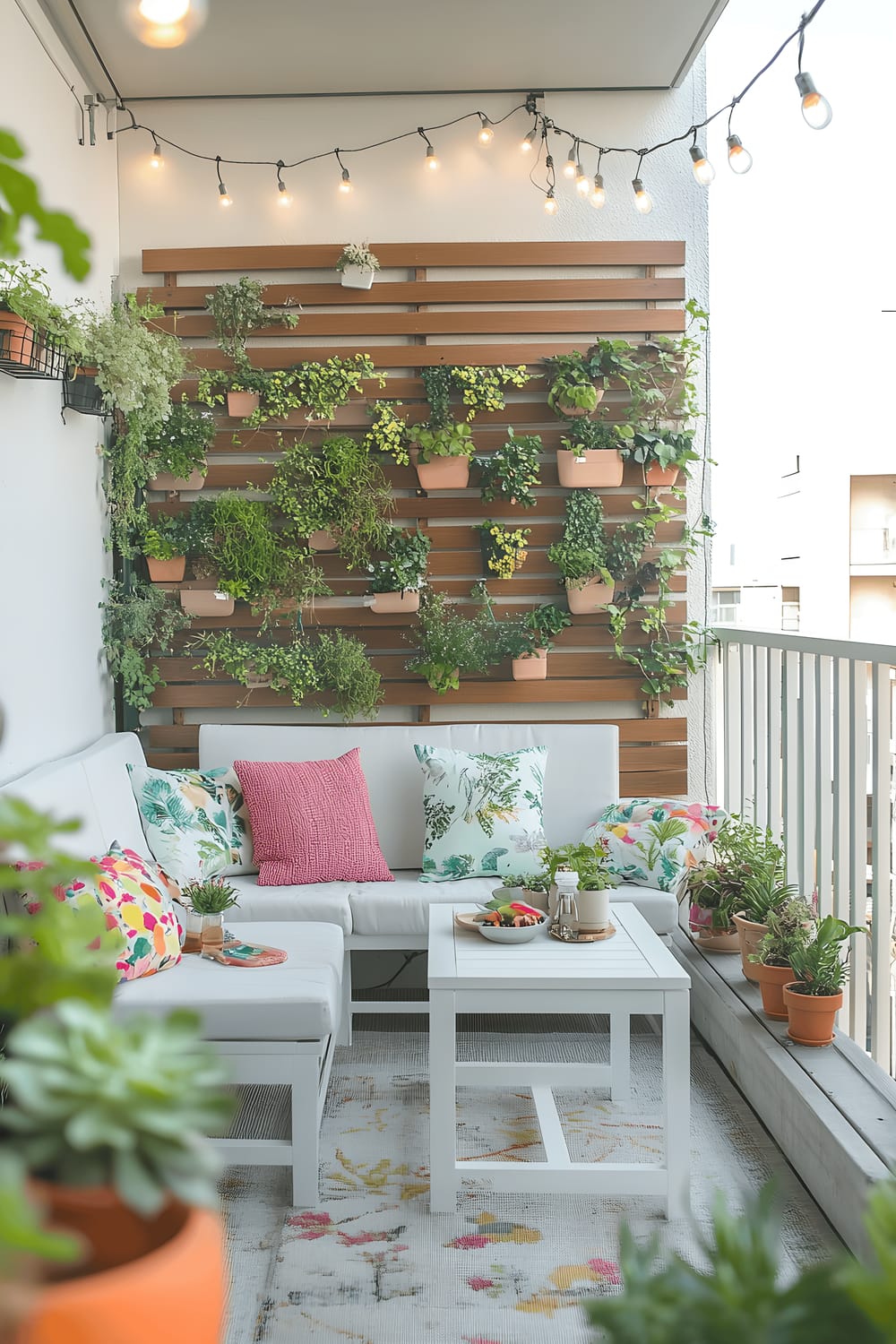 A sun-drenched Tokyo apartment balcony transformed into a verdant green oasis featuring vertical walls of leafy plants, assorted potted succulents, a small wooden bench with bright cushions, and a chic white bistro set adorned with pastel-hued cushions. The entire setting is softly lit by a network of string lights providing a magical evening ambience.