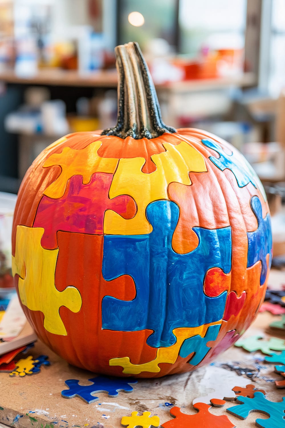 An orange pumpkin painted with colorful jigsaw puzzle pieces in varying hues of blue, red, yellow, and purple. The pumpkin is set on a table scattered with additional painted puzzle pieces. The background features a slightly blurred indoor environment with shelves and miscellaneous items.