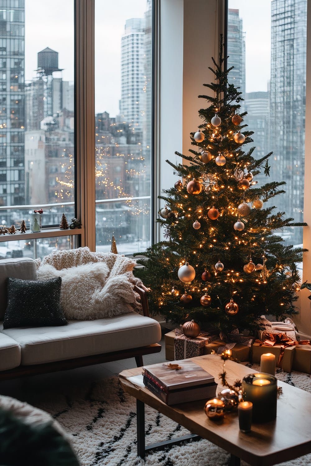 A modern living room with large windows showcasing a cityscape. A decorated Christmas tree with golden and white ornaments is placed near the windows. A light-gray couch draped with knitted blankets and accent pillows is nearby. A wooden coffee table with books and candles is in the center.