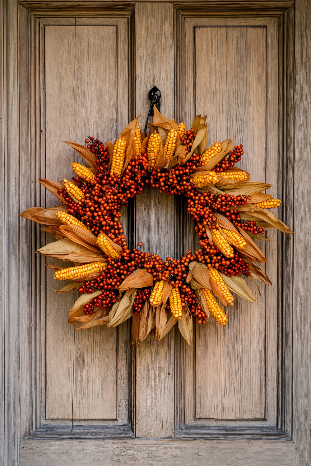 A decorative wreath made of dried corn cobs and orange-red berries hangs on a door. The door has a weathered, wooden appearance with vertical panels.