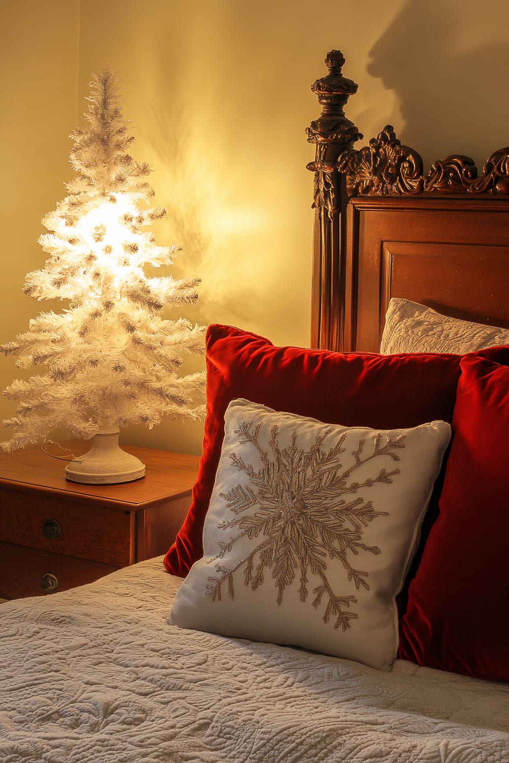 A cozy bedroom nook features a small white Christmas tree on a wooden nightstand, illuminated warmly. The bed is adorned with plush red velvet pillows and a decorative white pillow embellished with a beaded snowflake design. An antique wooden headboard adds a vintage touch to the setting.