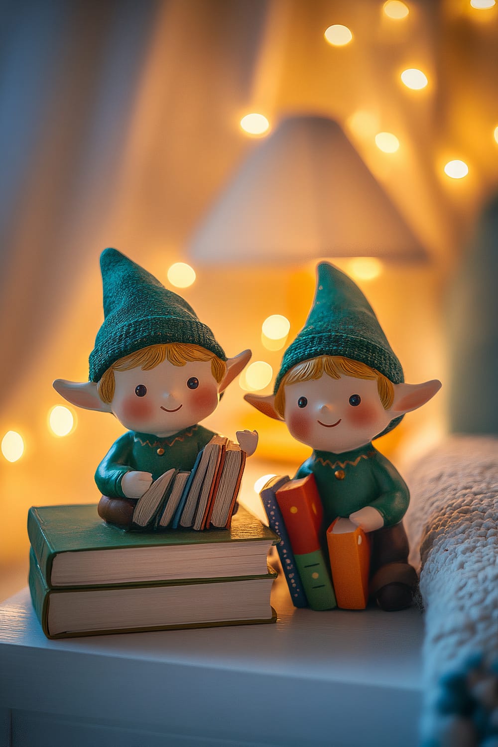 Two enchanting elf storyteller figurines sit beside a small stack of colorful books on a child's nightstand, illuminated by a soft-glowing lamp in a spacious white children's bedroom. Warm fairy lights create a magical atmosphere in the background, enhancing the cozy setting.