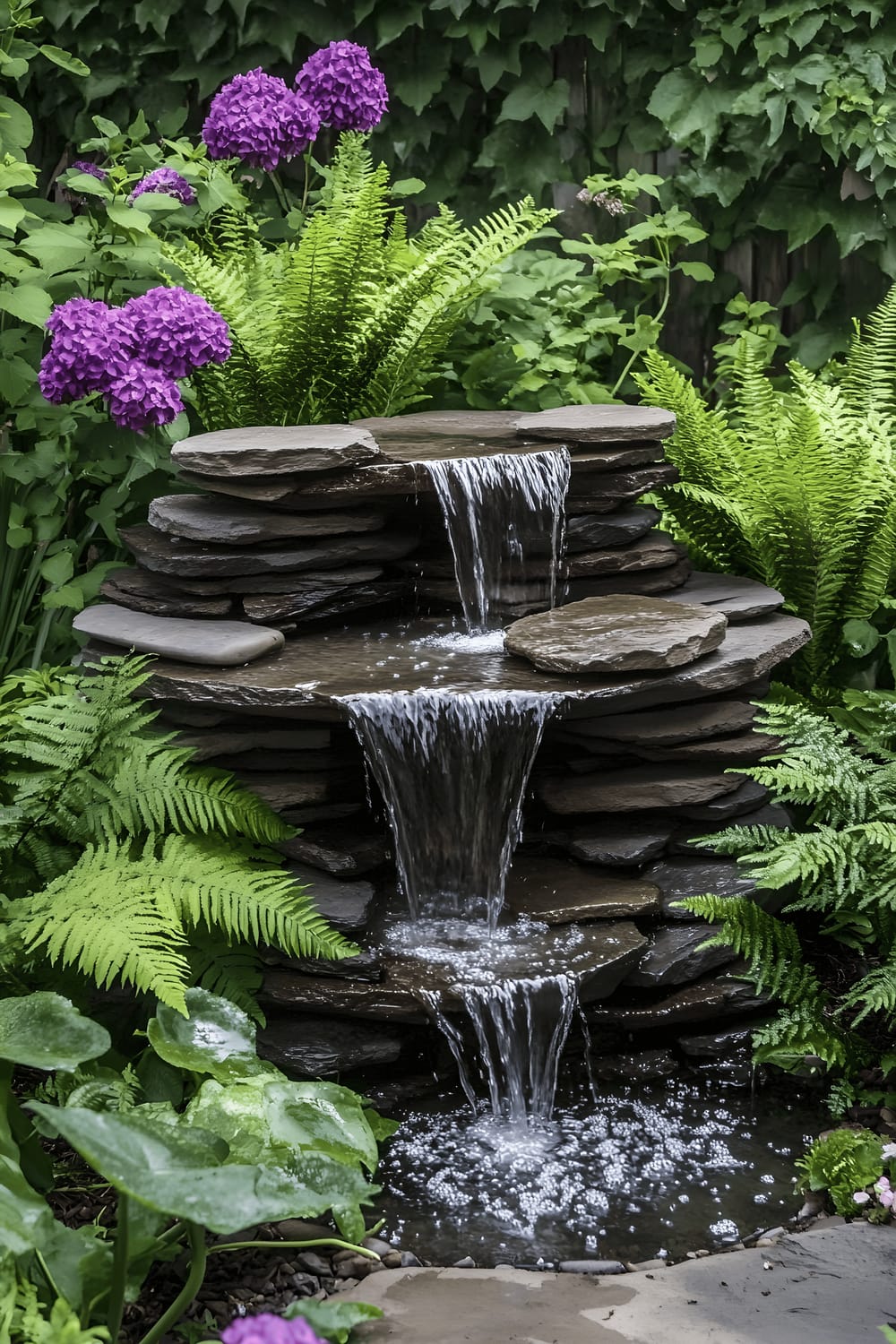 A modestly-sized backyard water fountain constructed from stacked natural stones, the waterfall gently gushes water into a shallow basin. Ferns and blooming plants encircle the fountain, adding lush greenery to the serene setting.