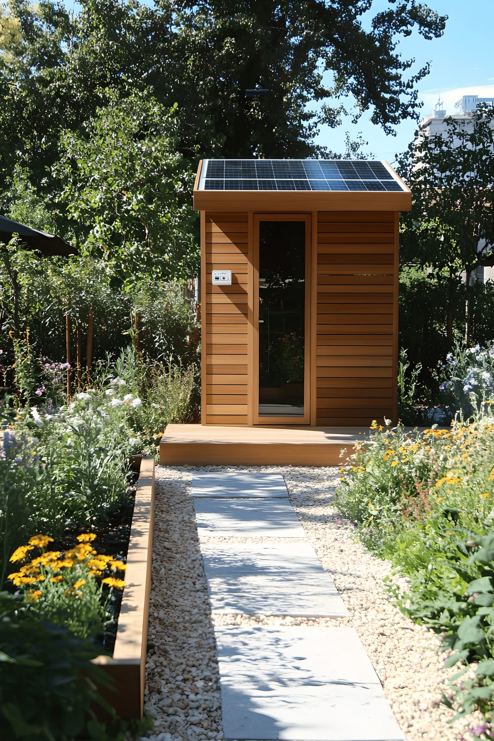 A sleek, rectangular, eco-friendly shed spotted with solar panels on its gable roof, stands at the perimeter of the image. The shed, with its natural wood finish, reflects the vibrant midday sunlight. A small stone pathway leads to the shed, meandering through a modest gardening area boasting a single raised planter arrayed with native wildflowers.