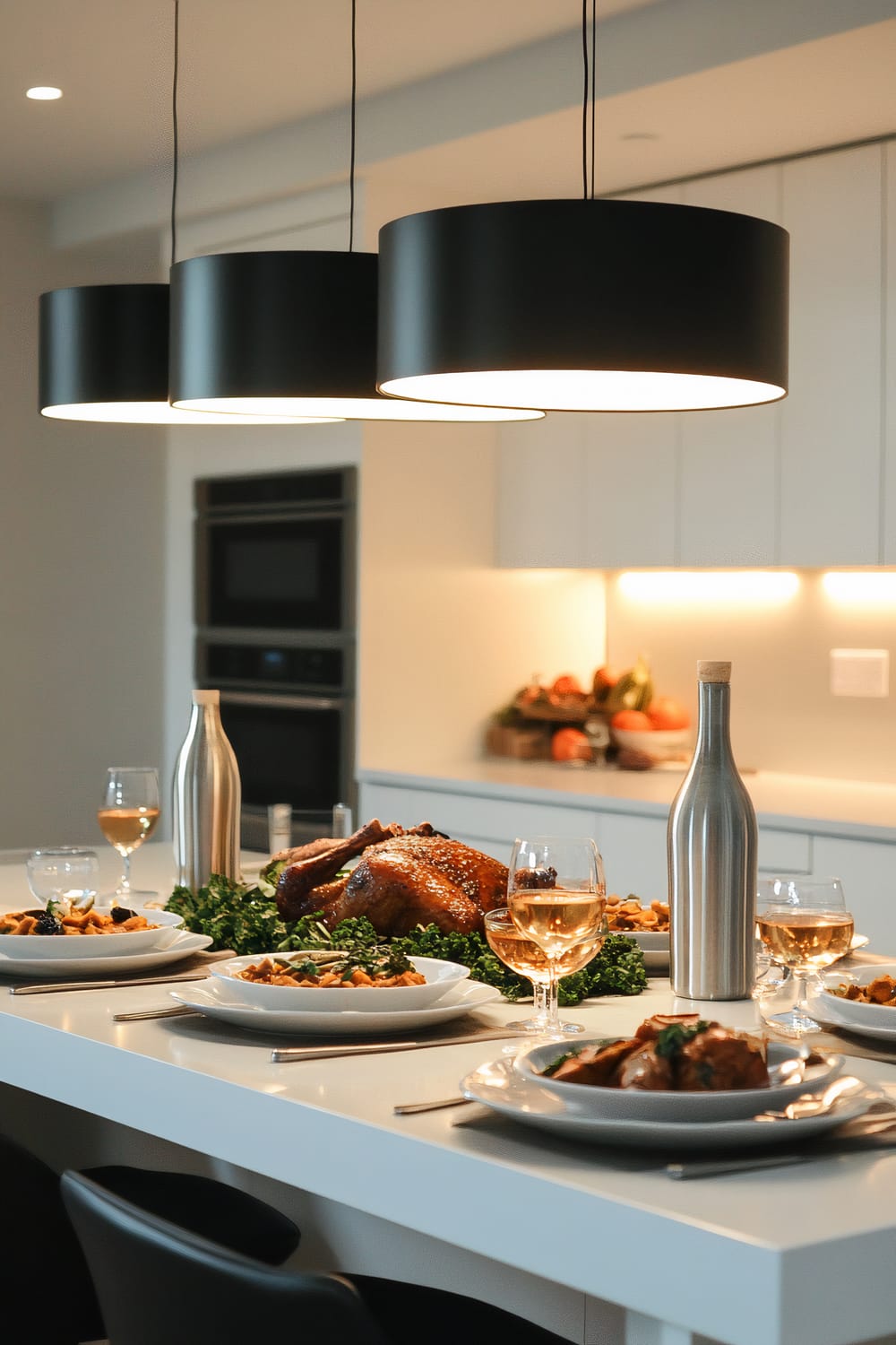 A modern kitchen-dining hybrid setup featuring a sleek white kitchen island used as a dining table. The table is elegantly set for six with plates of butternut squash soup, roasted turkey legs, and kale salad. Two elegant glass carafes filled with mulled wine and sparkling water are also present. A minimalist metallic centerpiece with candles and seasonal greenery adds a touch of decor. Large black pendant lights provide striking illumination against a clean, uncluttered kitchen backdrop.