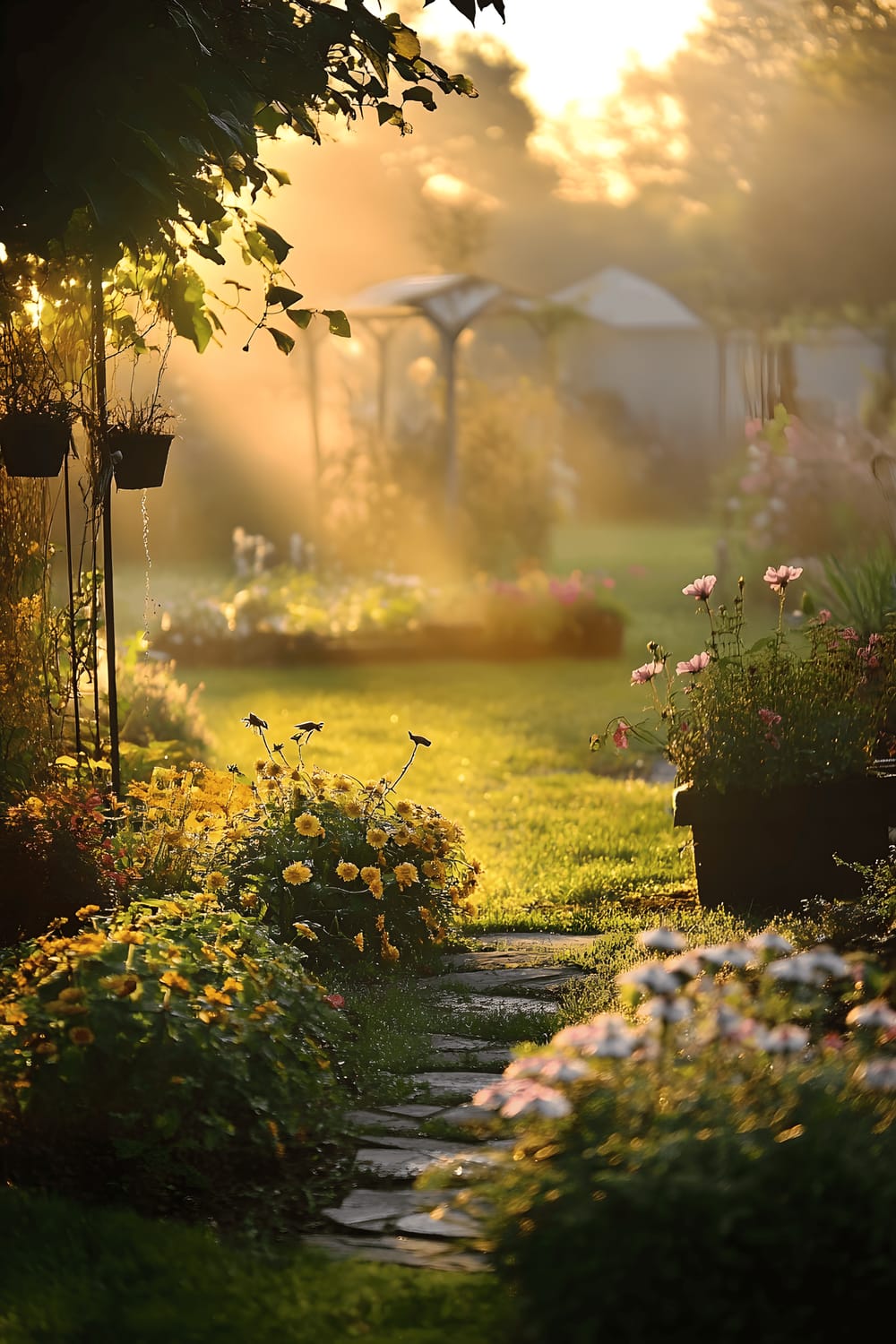 A beautifully landscaped backyard bathed in soft golden light with mist rising over dew-covered flower beds, suggesting an early, quiet morning.