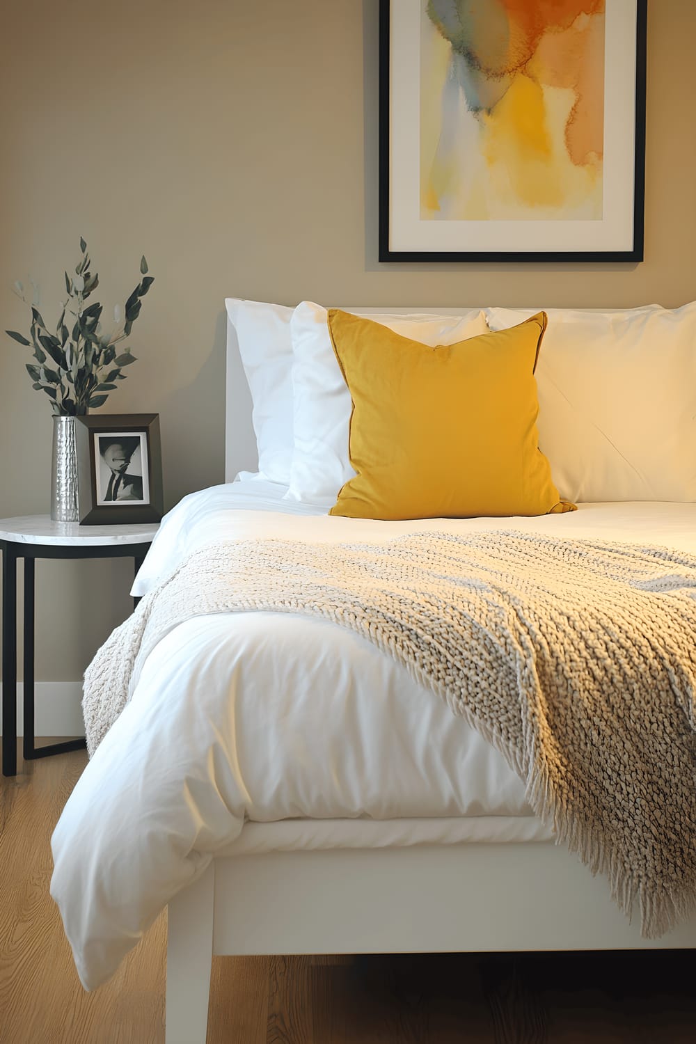 A calming guest room with pale gray walls and light oak floors. A simple white bed sits in the middle of the room, with pure white bedding and a single pop of color from a mustard yellow pillow. Above the bed, a colorful abstract painting adds a touch of creativity. The room also features a small, round marble-topped nightstand with a streamlined black lamp and a single framed photo. The foot of the bed sports a cozy beige knitted blanket, and in the corner of the room stands a tall thin vase holding fresh eucalyptus.