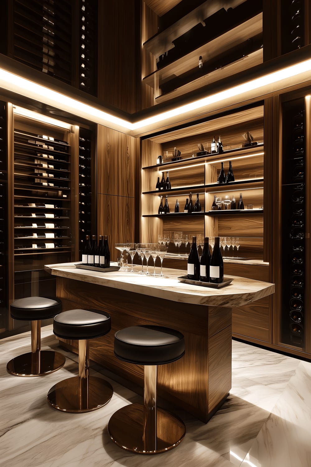 A luxurious wine cellar located in Milan. The room features elegant wooden racks filled with numerous wine bottles on the walls. A marble tasting table with black leather stools takes center stage, lit by unobtrusive LED lights embedded in the ceiling. Vintage wine barrels add an authentic touch, while a large mirror reflects the grandeur of the cellar. Spotlights subtly draw attention to select wine bottles.