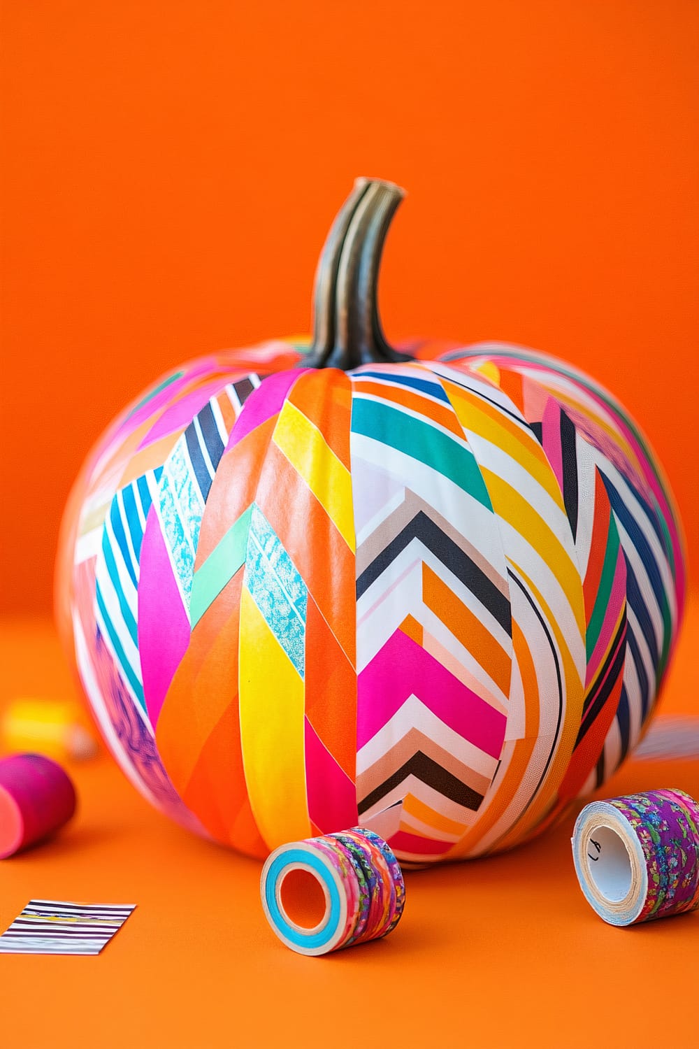 A pumpkin is decorated with vibrant, colorful strips of washi tape arranged in a chevron pattern. The background is solid orange, and two rolls of washi tape are placed near the pumpkin.