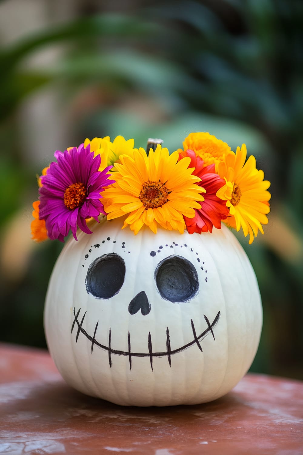 A white pumpkin is decorated with a painted skull face consisting of large, dark, hollow eyes, a small nose, and a stitched mouth, reminiscent of a Día de los Muertos skull. The top of the pumpkin features a vibrant floral crown made up of yellow, orange, and purple flowers. The pumpkin is placed on a weathered red surface, with a blurred background of green foliage.