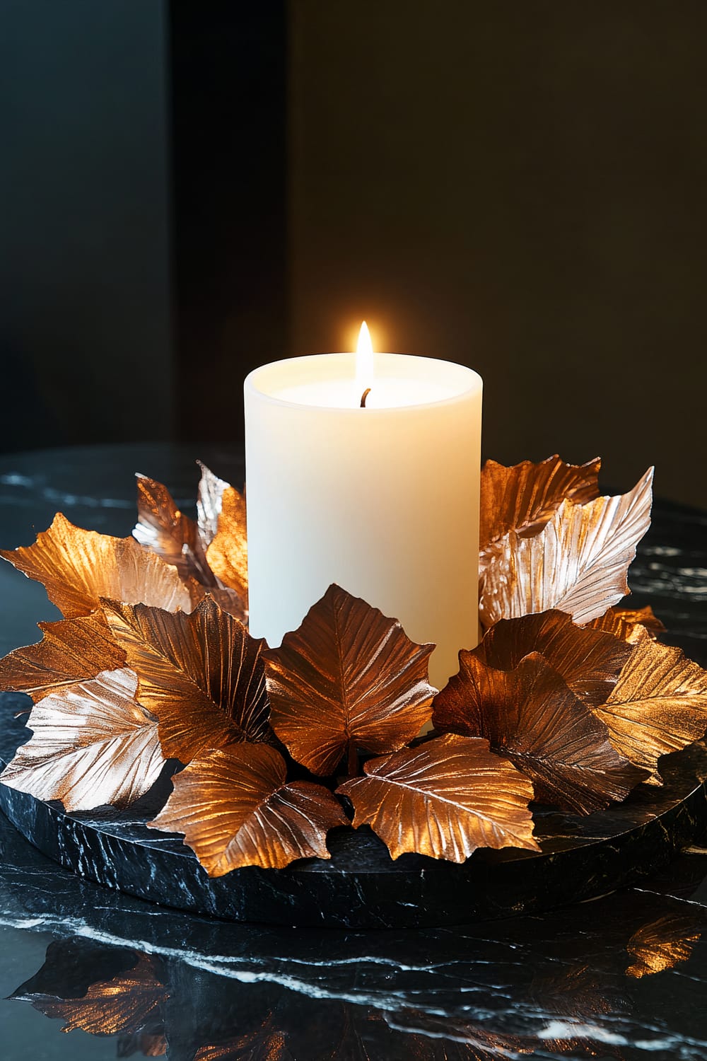 A lit white candle surrounded by metallic gold and copper leaves is placed on a dark marble base.