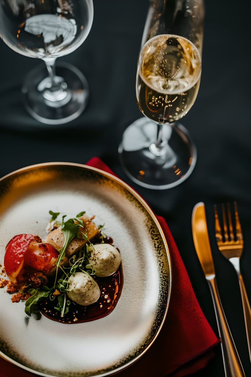 The picture showcases a gourmet appetizer delicately placed in the middle of a gold-rimmed plate. A pair of silver cutlery rests beside the plate. There's also a deep red linen napkin folded neatly next to the silverware. A sparkling wine glass with visible bubbles is just next to the plate, slightly off-center. All these elements are contrasted beautifully against a muted charcoal grey background.