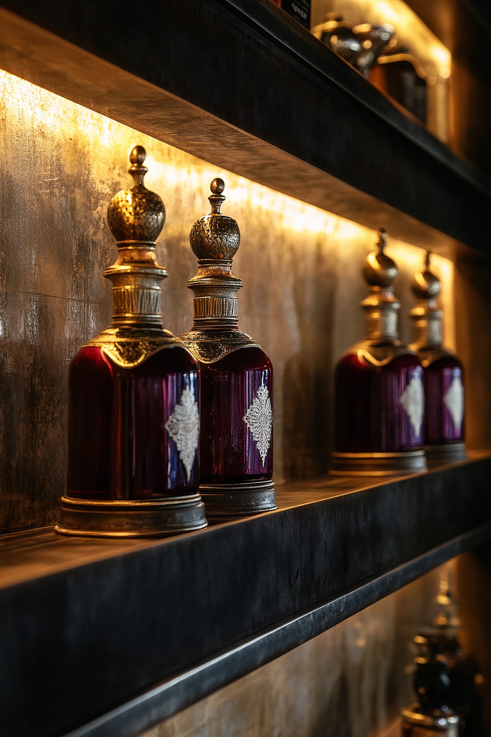 Close-up view of a minimalist shelf displaying elegant potion bottles with rich burgundy glass and gold ornate accents, under soft ambient lighting highlighting the bottles against a textured wall.