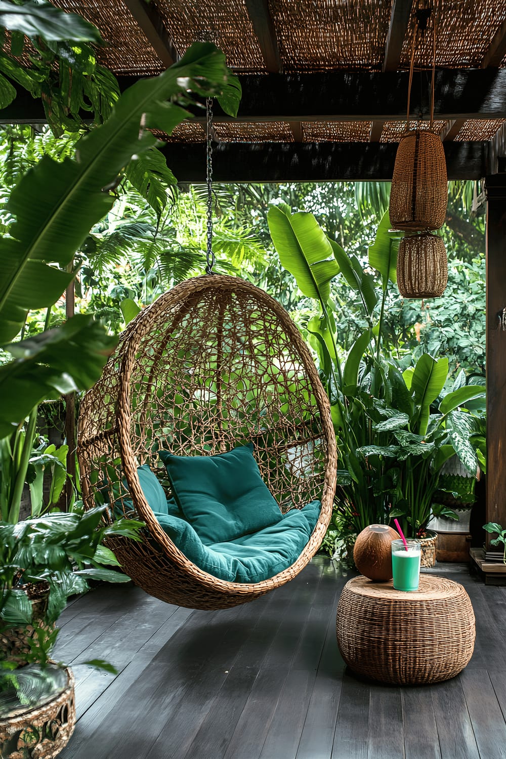 A lush, outdoor patio space, dominated by greenery from large plants such as banana plants, monstera, and ferns placed in oversized woven baskets. The plants provide a tropical feel to the area. A hanging egg chair with deep teal cushions is the main seating arrangement. A low wooden side table is set next to it, holding a coconut drink garnished with a straw. The flooring is made up of dark wood decking, glistening subtly from a recent rainfall. The area is naturally lit through dappled sunlight coming from overhead foliage, creating an inviting atmosphere.