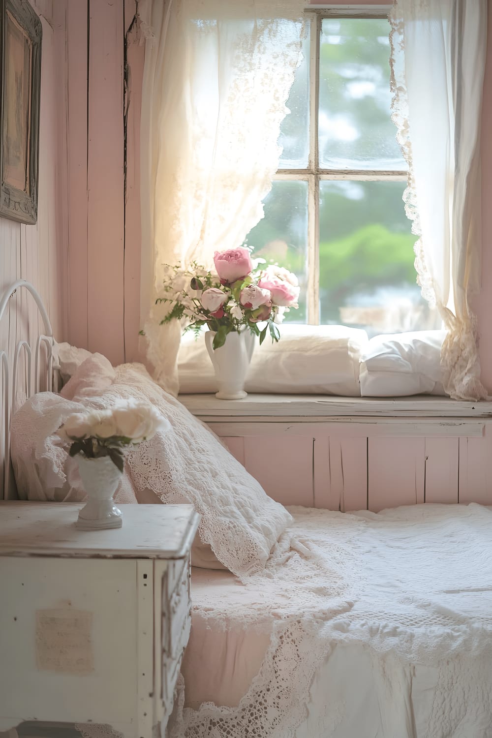 A bedroom interior designed in shabby chic style featuring pastel pink walls, vintage whitewashed wooden furniture including a plush bed with lace-trim bedding, a white wrought-iron bedside table with a small vase of peonies, and a window seat adorned with floral cushions all bathed in soft, natural light filtering through sheer curtains.