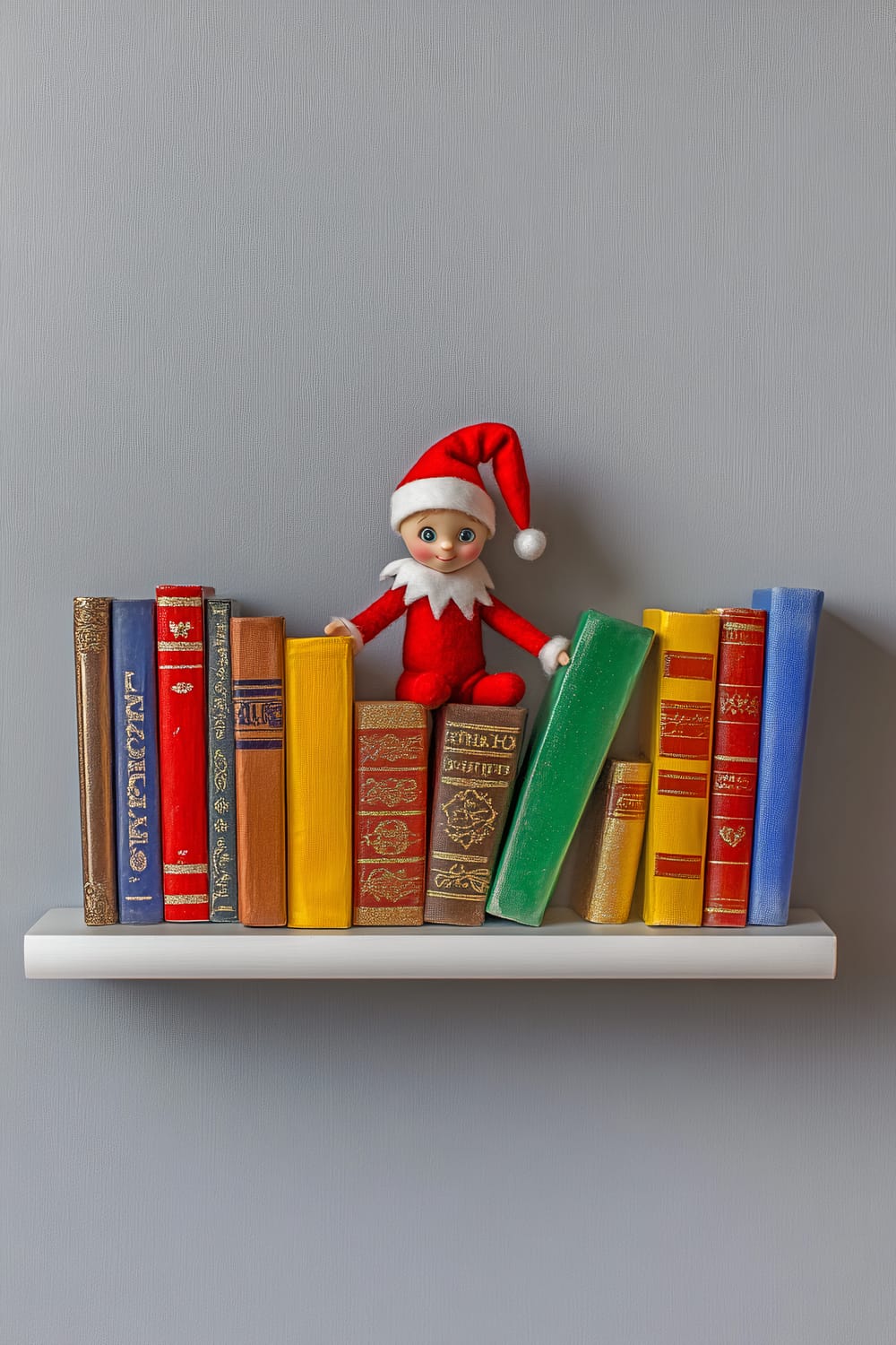 A colorful display of books on a simple white shelf with a cheerful Elf on the Shelf doll in red attire sitting among the books. The background is a muted gray wall, accentuating the vibrant colors of the books and the elf. The scene is spotlighted with vibrant yellow lighting, creating a warm and inviting atmosphere.